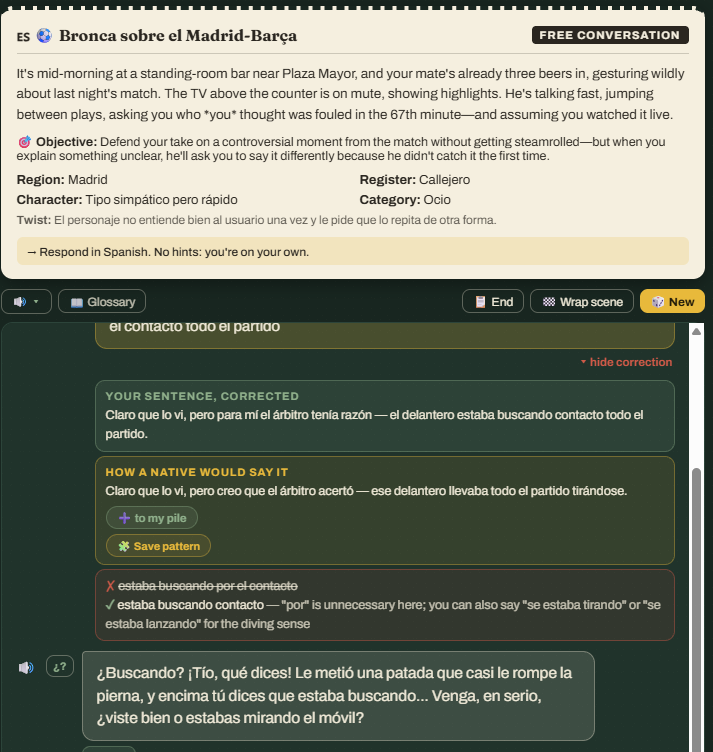 A Callejero scene: the scenario ticket, the learner's Spanish with its correction and native version, and the character's reply